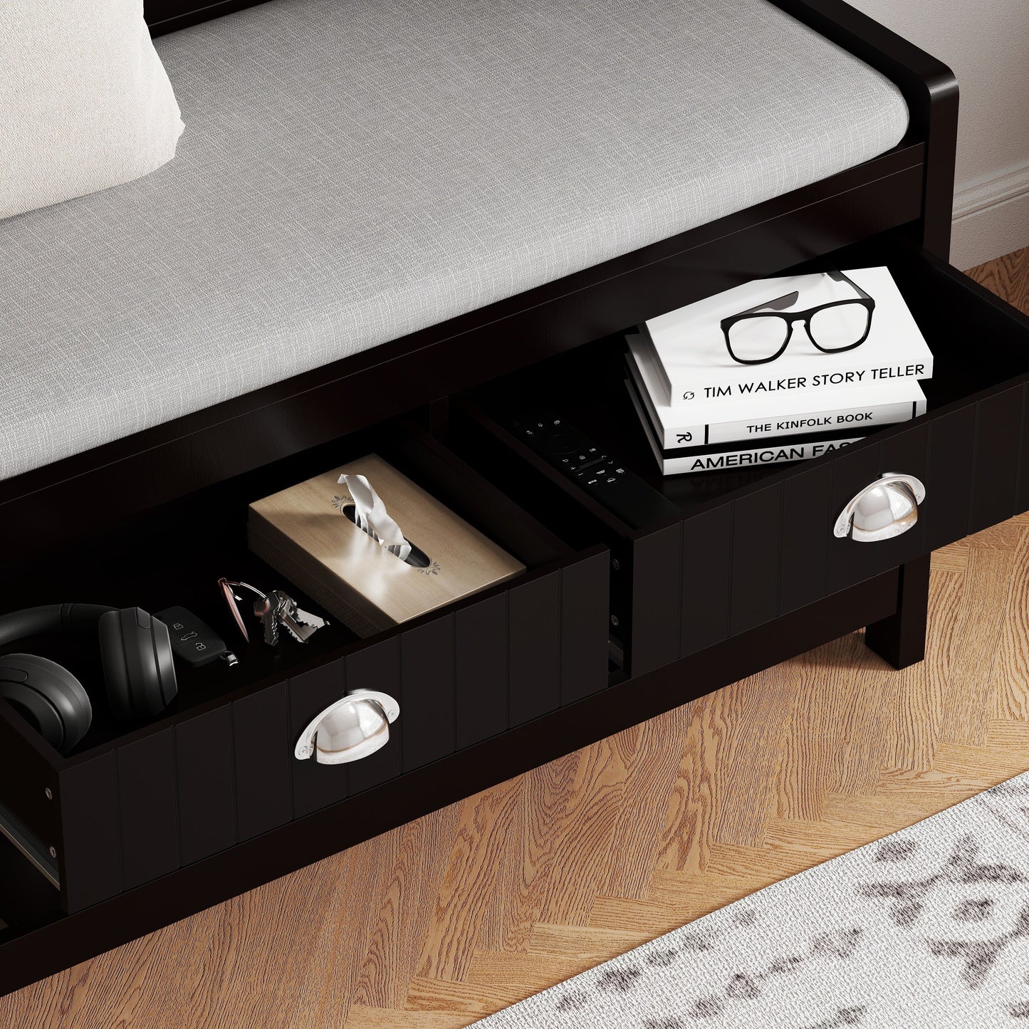 3 In 1 Wooden Hallway Hall Tree With Storage Drawers, Coat Rack, Shoe Rack Bench, And Cushion - Amber Graphite / Black