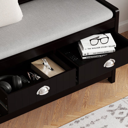 3 In 1 Wooden Hallway Hall Tree With Storage Drawers, Coat Rack, Shoe Rack Bench, And Cushion - Amber Graphite / Black