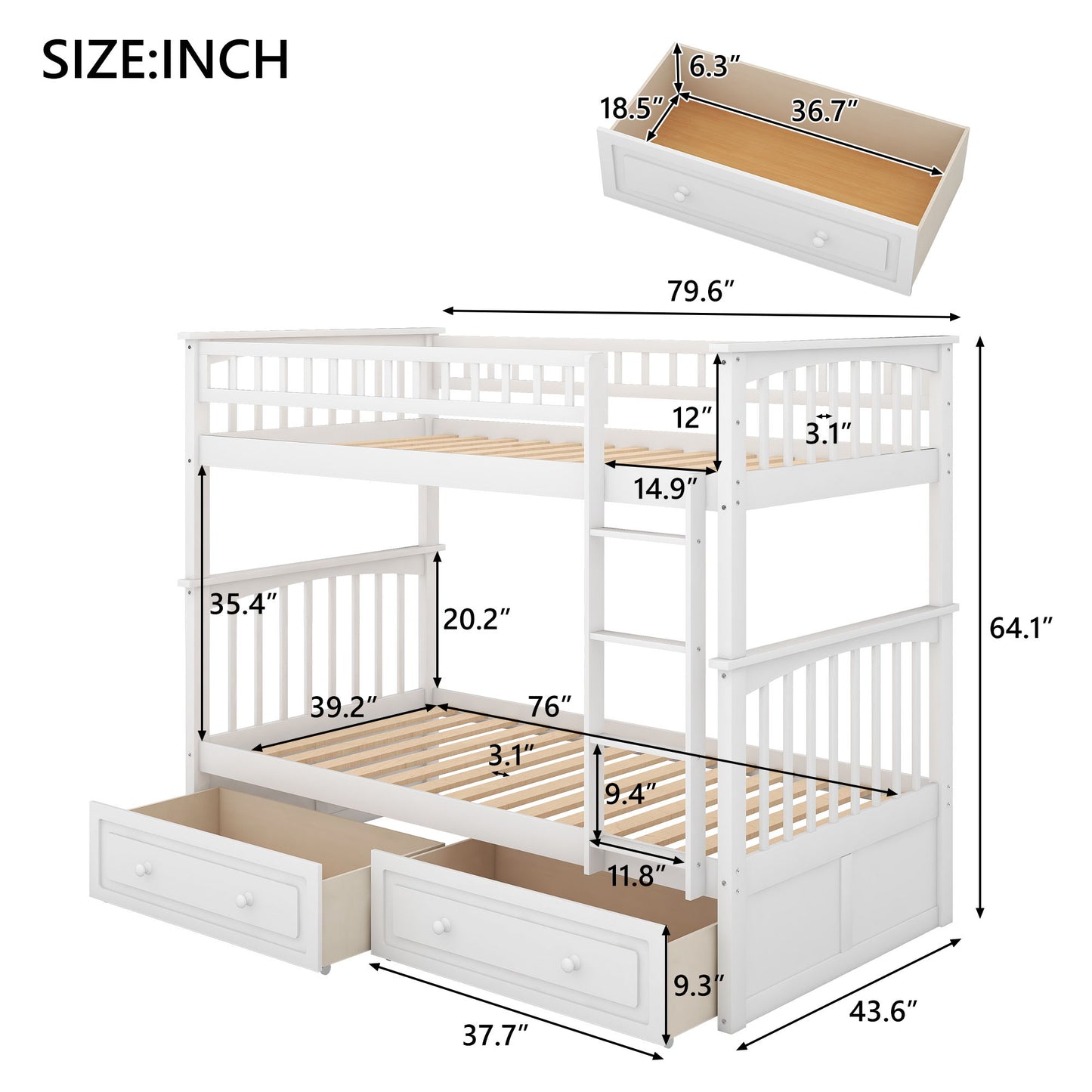 Twin Over Twin Bunk Bed With Drawers, Convertible Beds - White