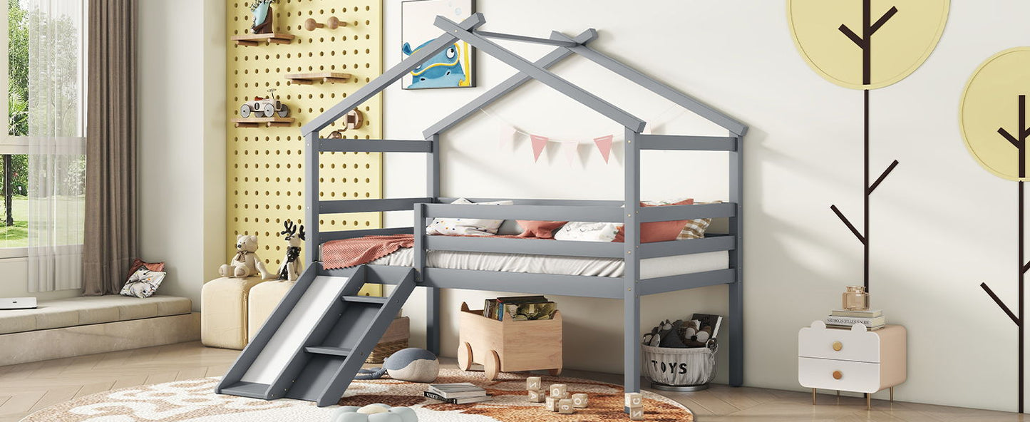 Twin Low Loft House Bed With Slide, Ladder, Safety Guardrails, House Roof Frame - Gray
