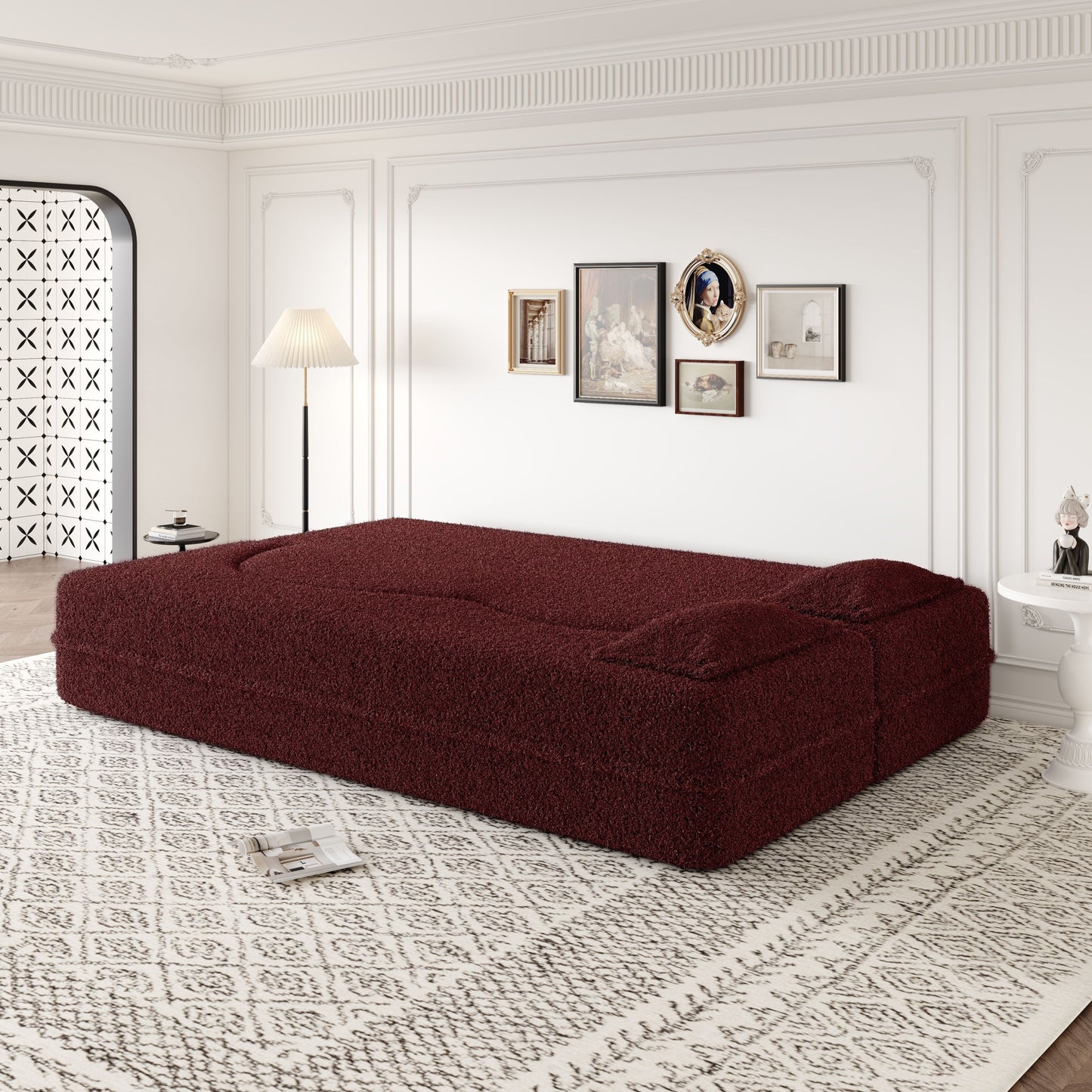 Modern Floor Sofa With 2 Pillows, Convertible Teddy Fabric Foam Filled Sleeper Sofa Bed, Full Size Folding Mattress For Living Room Guest Bed, Playroom, No Assembly Required - Burgundy