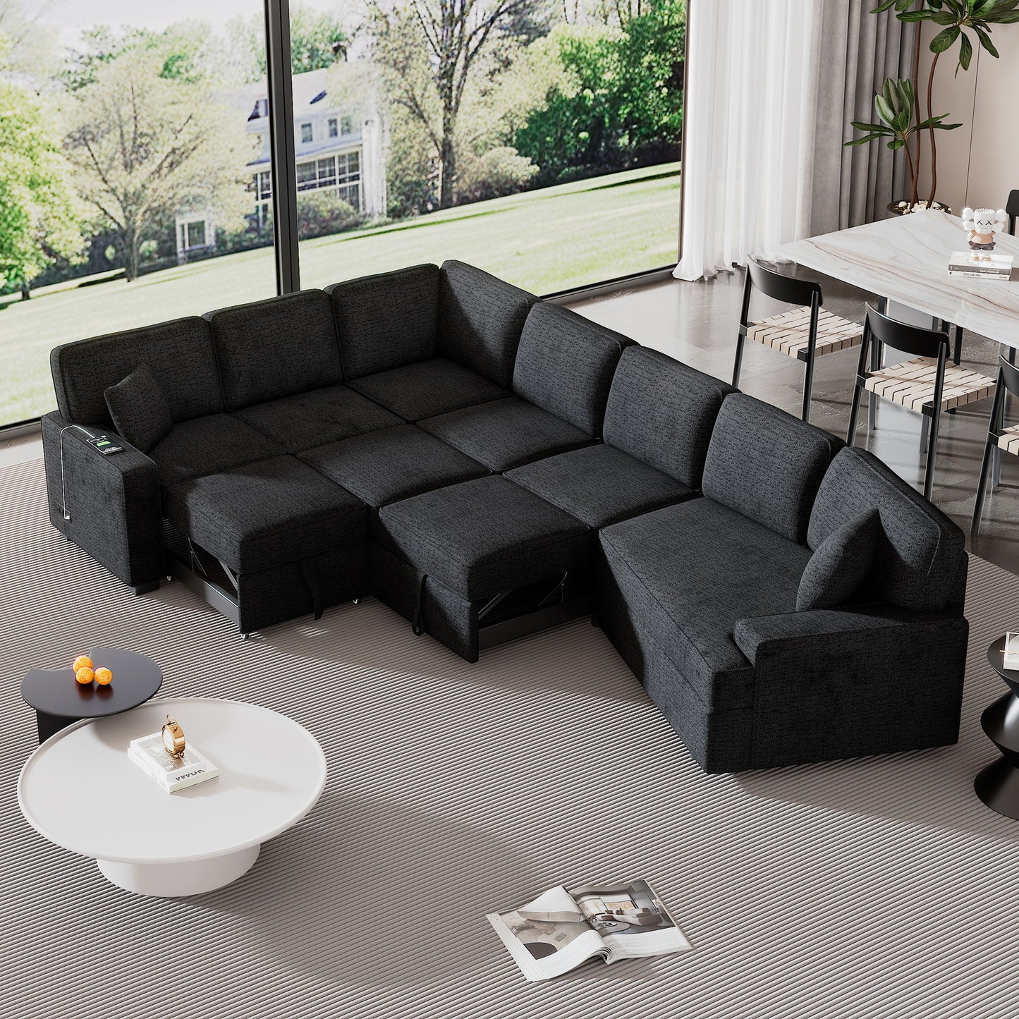 L-Shaped Sofa Sectional Sofa Couch Pull-Out Sofa Bed With Charging Devices And Cup Holders For Living Room - Blue Black