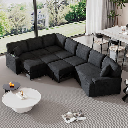 L-Shaped Sofa Sectional Sofa Couch Pull-Out Sofa Bed With Charging Devices And Cup Holders For Living Room - Blue Black