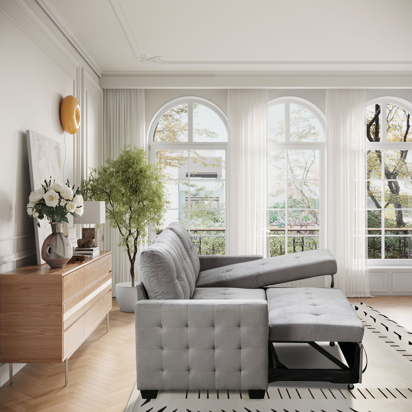 Reversible Sectional Storage Sleeper Sofa Bed, L-Shape 2 Seat Sectional Chaise With Storage, Skin-Feeling Velvet Fabric - Light Gray