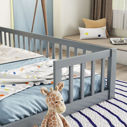 Double Twin Floor Bed With Fence, Guardrails, Without Door - Gray