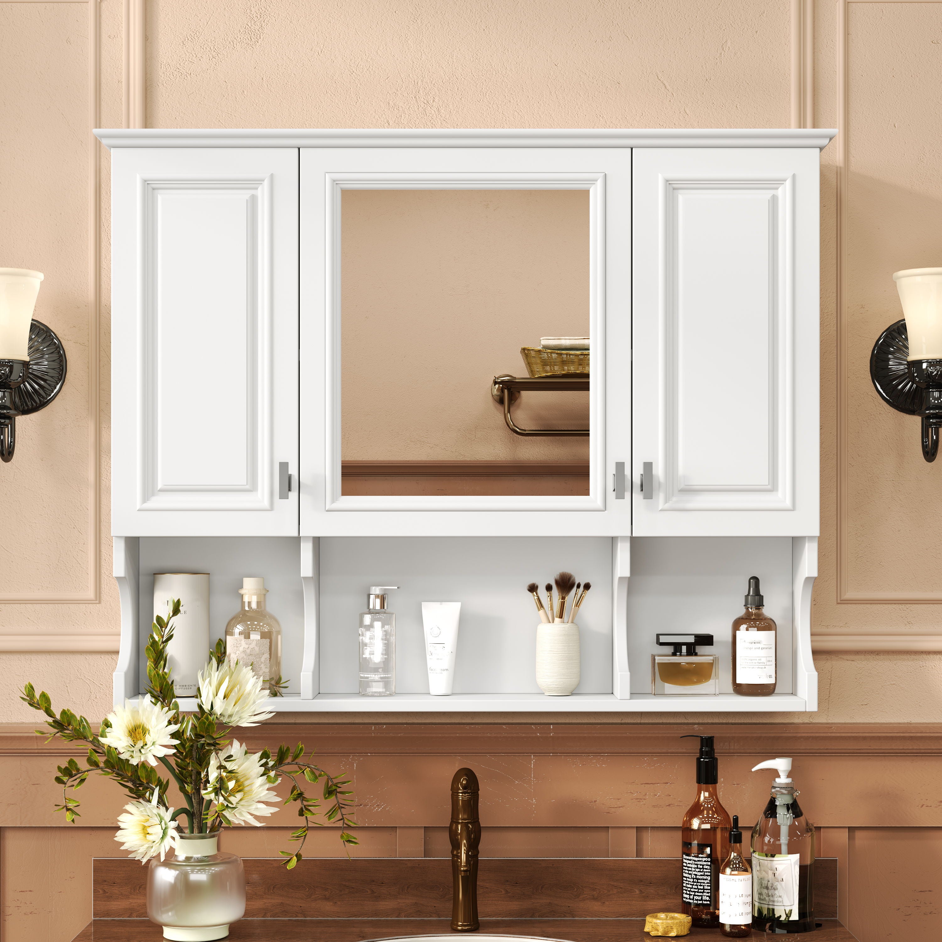 Wall Mounted Bathroom Medicine Cabinet, Modern Bathroom Wall Cabinet With Mirror, Mirror Cabinet With Open Shelves - White