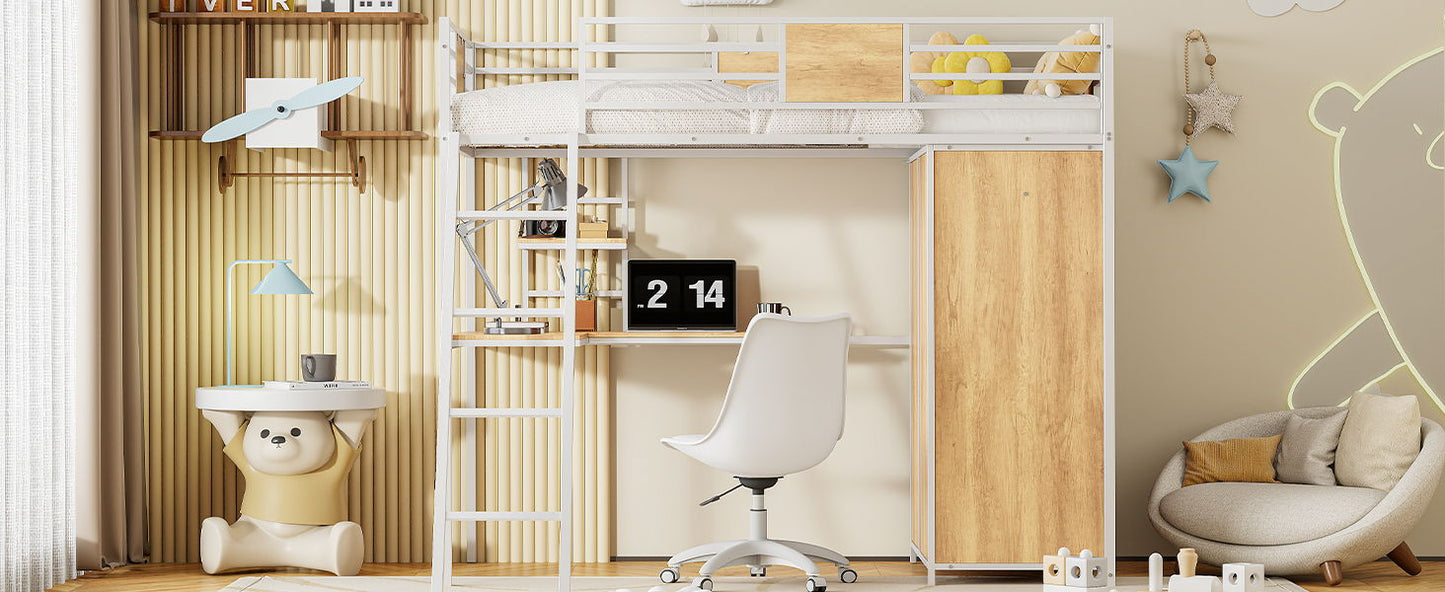 Twin Size Loft Bed With L Shape Desk And Wardrobe - White