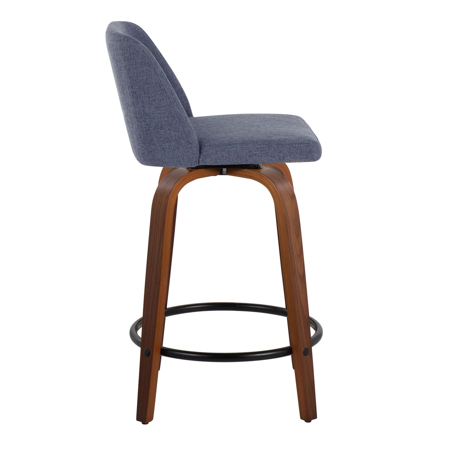 Toriano - Mid-Century Modern Fixed Height Counter Stool & Swivel With Round Footrest (Set of 2) - Walnut / Blue