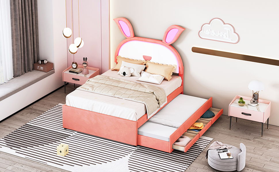 Full Size Upholstered Platform Bed With Trundle And 3 Drawers, Rabbit-Shaped Headboard With Embedded LED Lights - Pink