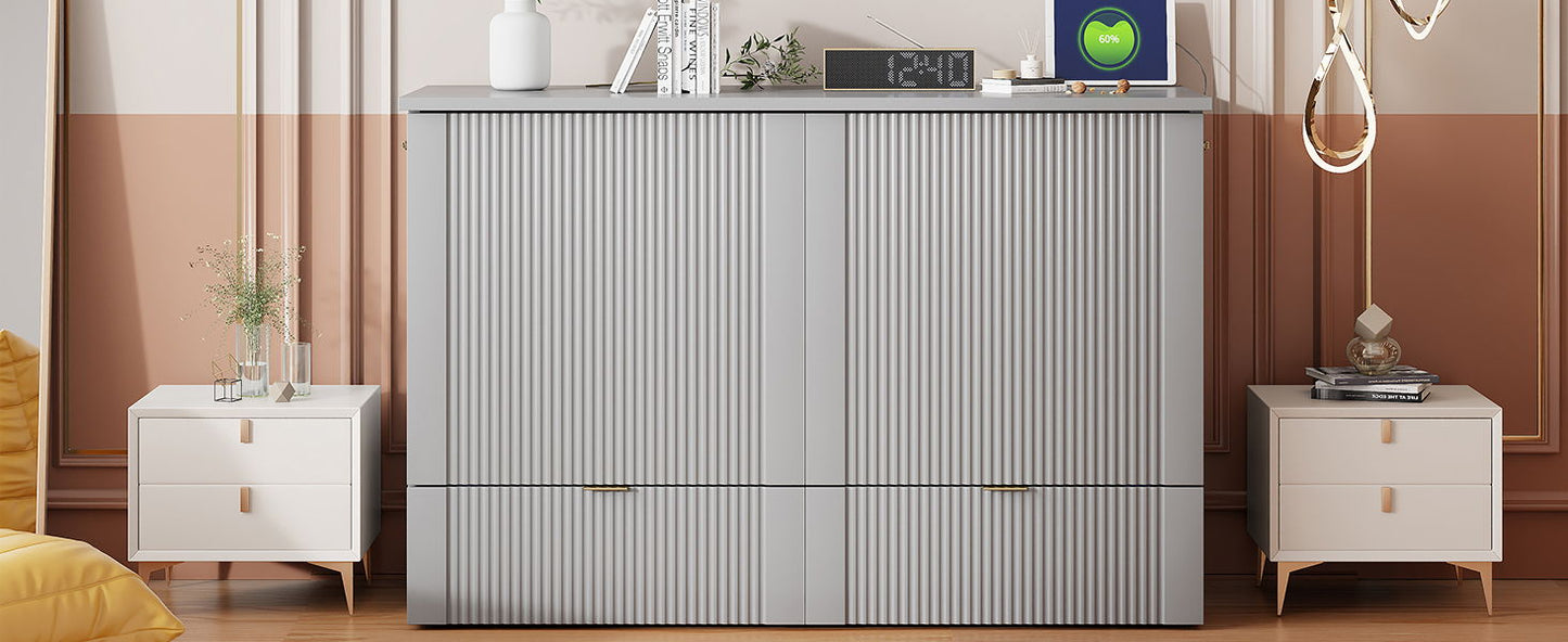 Full Size Murphy Bed With Drawer And A Set Of Sockets & USB Ports, Pulley Structure Design - Gray