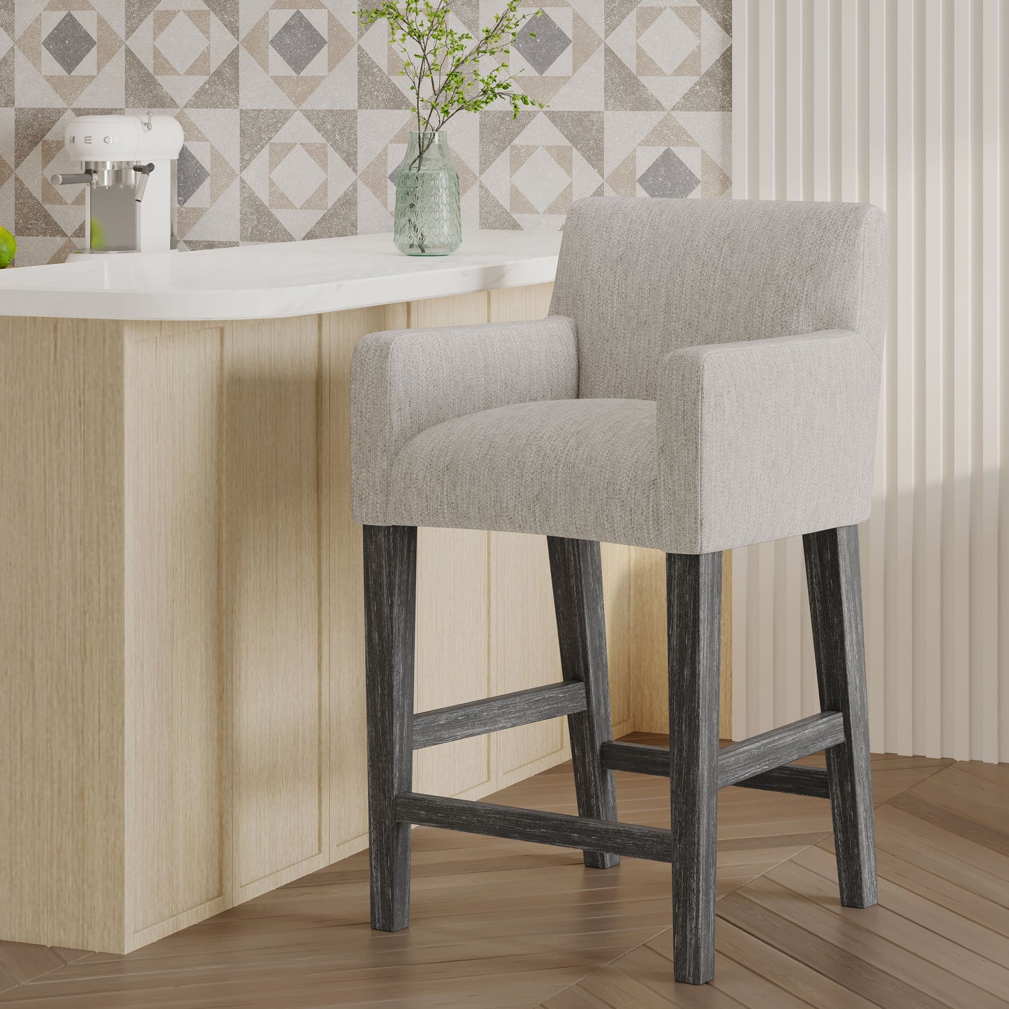 Charmed Upholstered Counter Stool With H Frame Base And Round Arms - Light Gray