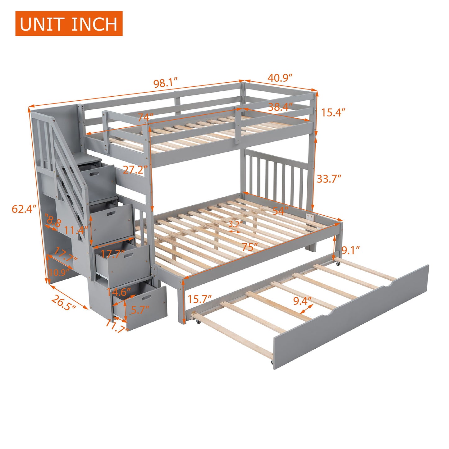 Twin Over Twin / Full Bunk Bed With Twin Size Trundle - Gray