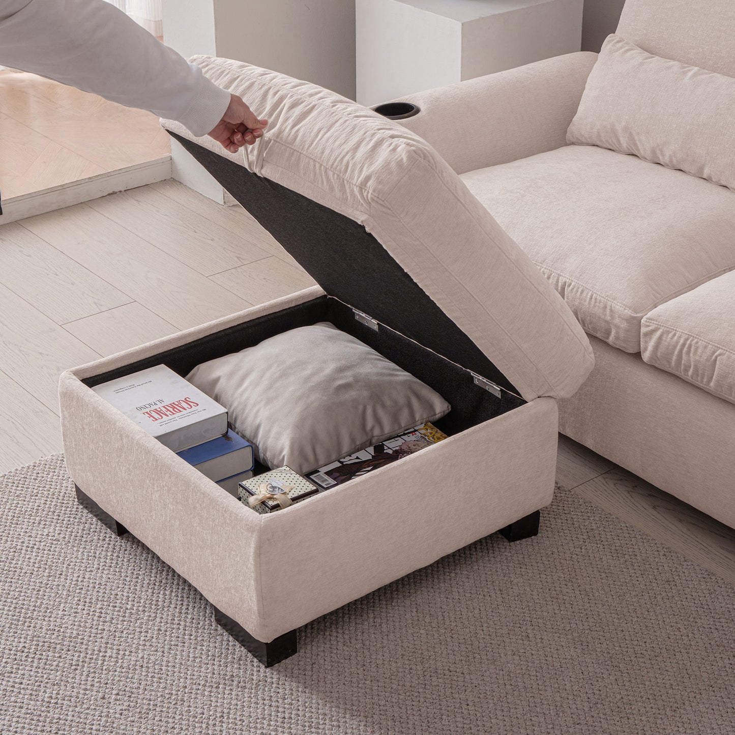 Modern Modular L Shaped Chenille Sofa Couch Reversible Ottoman With Storage Removable And Washable Cushions Sofa With USB Ports & Cup Holder For Living Room - Beige