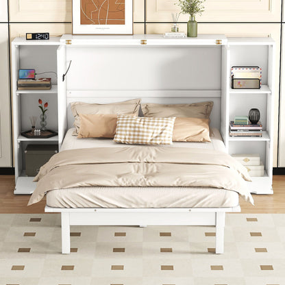 Queen Size Murphy Bed With Shelves, Drawers And USB Ports - White