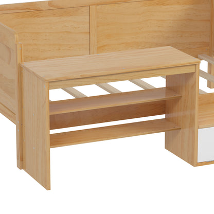 Twin Size Daybed With Storage Shelves And Lockers, Multi Functional Bed With Study Desk And Matching Stool - Natural