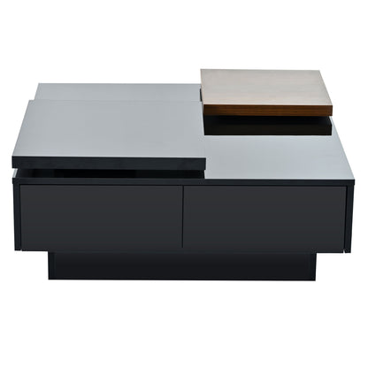Movable Top Coffee Table, Modern Square Wood Coffee Table With High Gloss Finish, 4 Hidden Storage Drawers For Living Room - Black