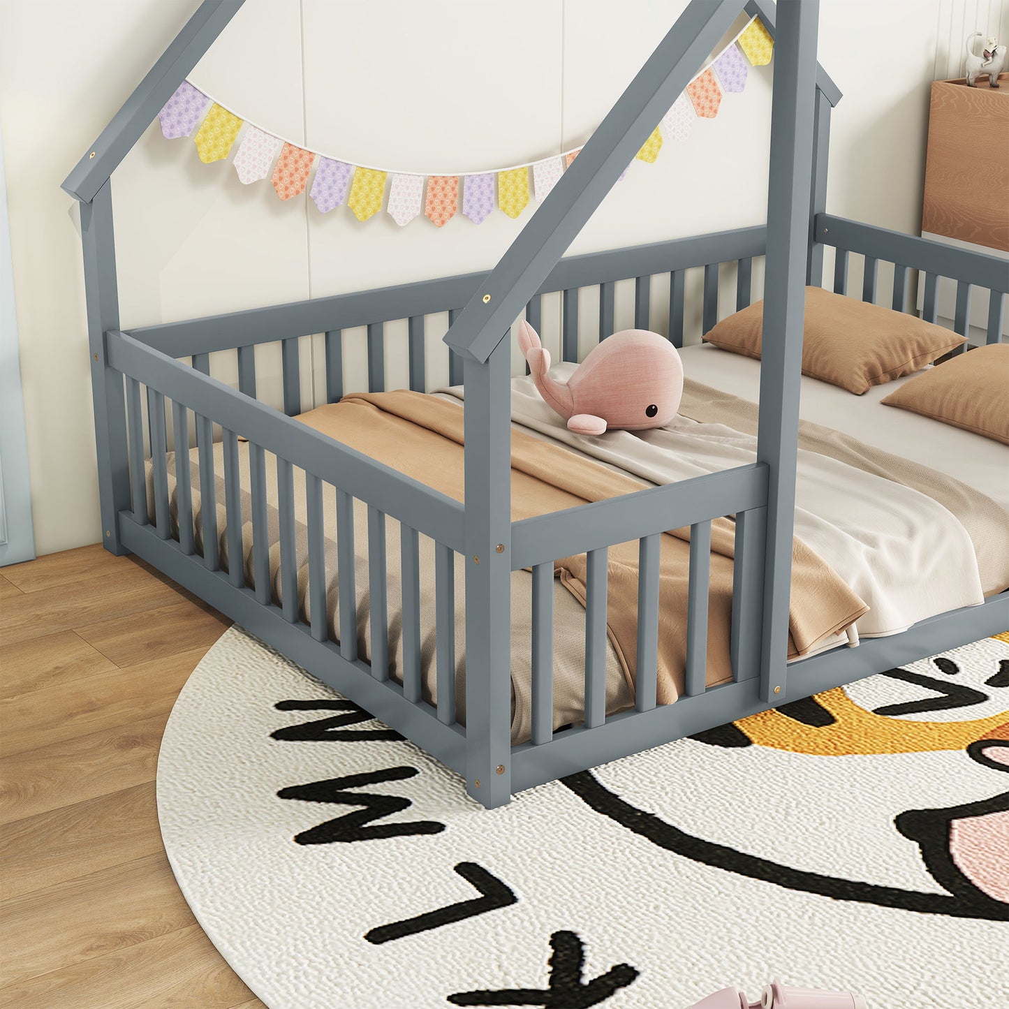 Full Wood House-Shaped Floor Bed With Fence, Guardrails - Gray