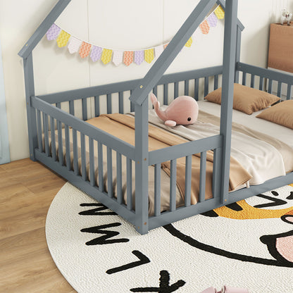 Full Wood House-Shaped Floor Bed With Fence, Guardrails - Gray