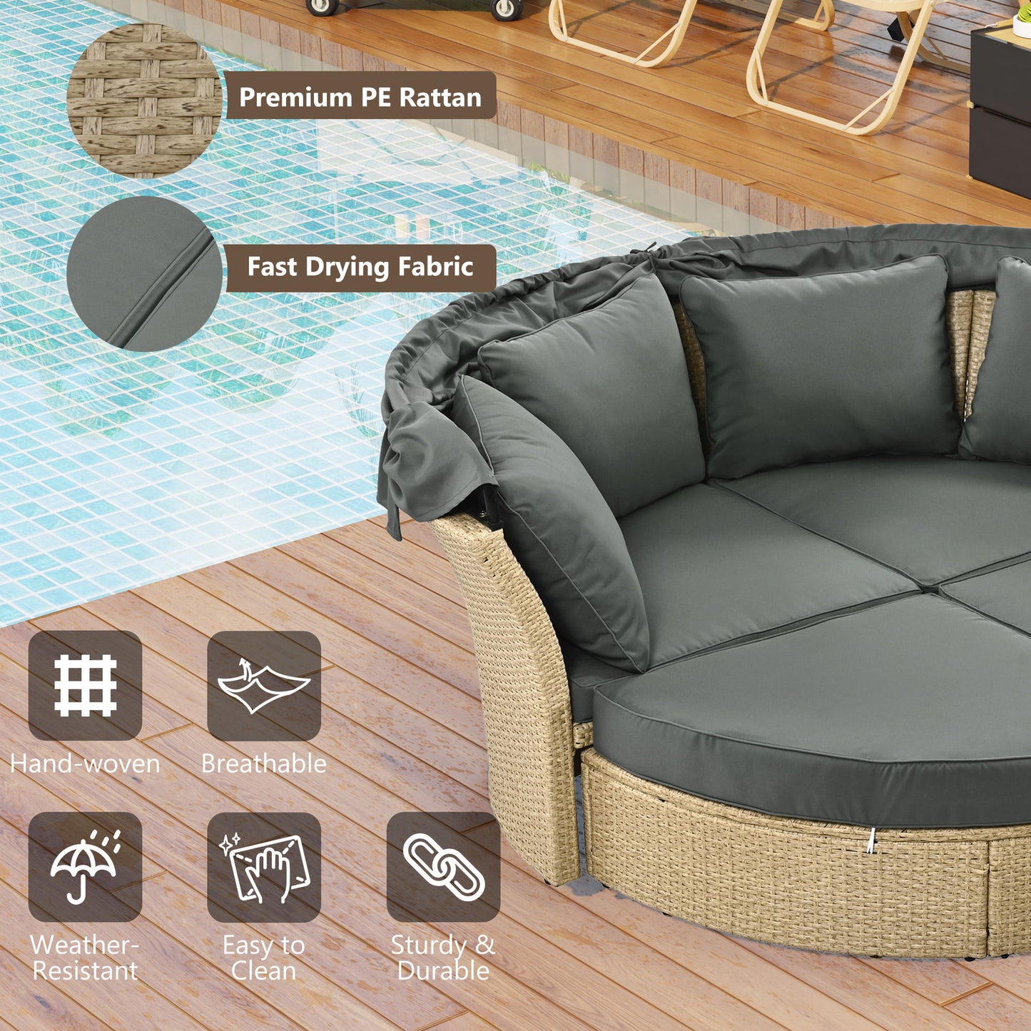 Outdoor Patio Daybed Wicker Rattan Double Daybed Round Sofa Furniture Set With Retractable Canopy, 4 Pillows For Lawn Garden Backyard Porch Pool - Gray