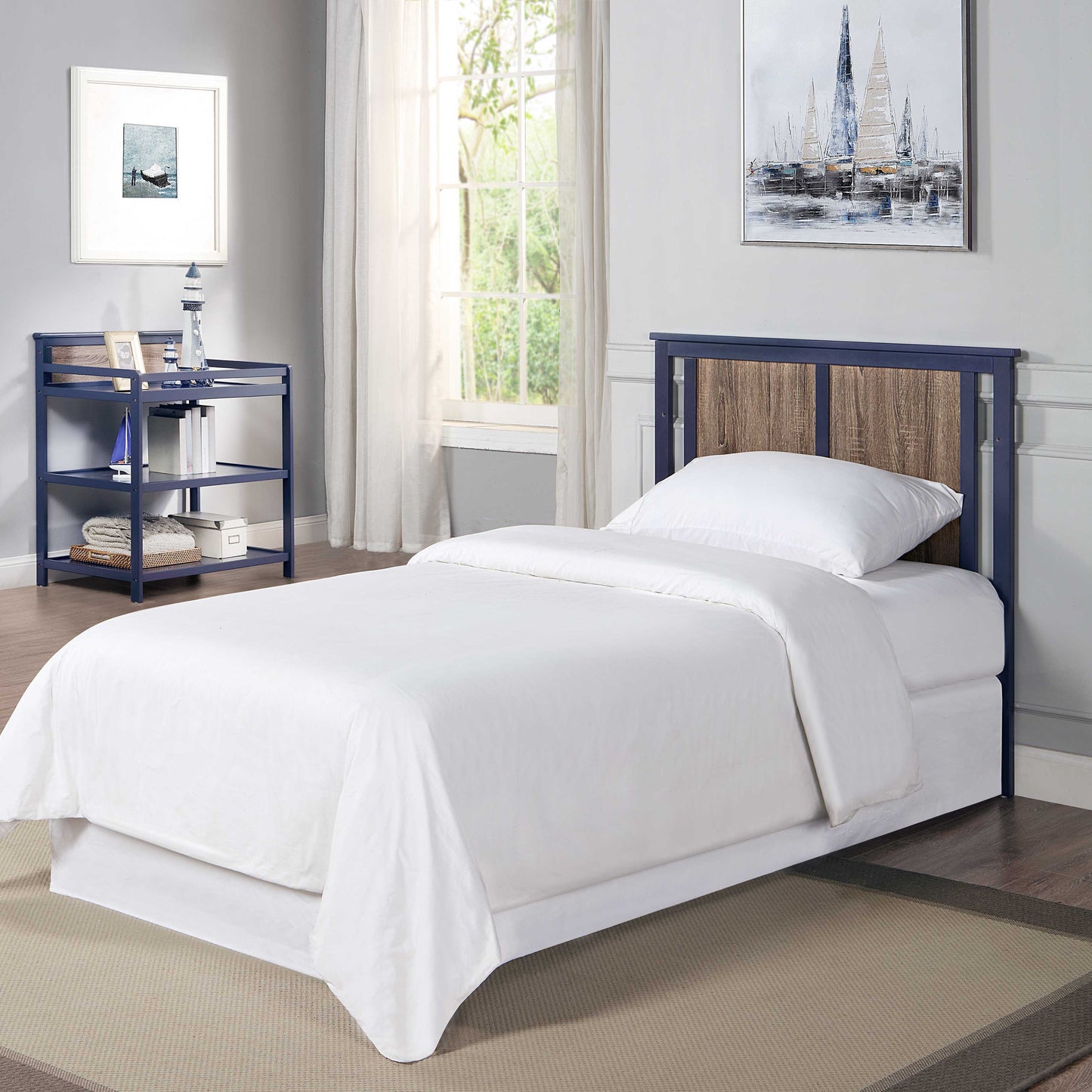 Connelly - Mini Crib With Mattress Pad Midnight - Blue / Vintage Walnut