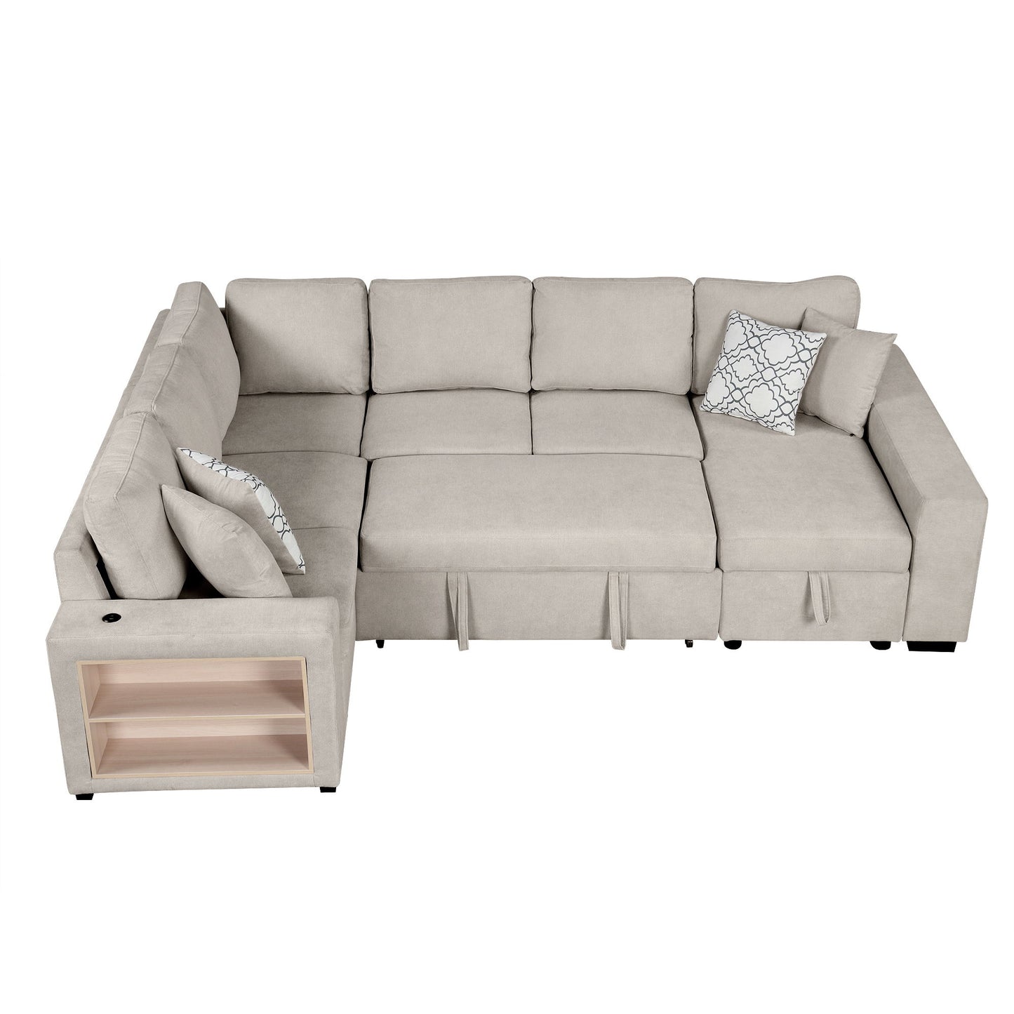 U-Shaped Sectional Sofa Pull-Out Sofa Bed With Two USB Ports, A Storage Chaise Lounge And Four Back Pillows For Living Room - Beige
