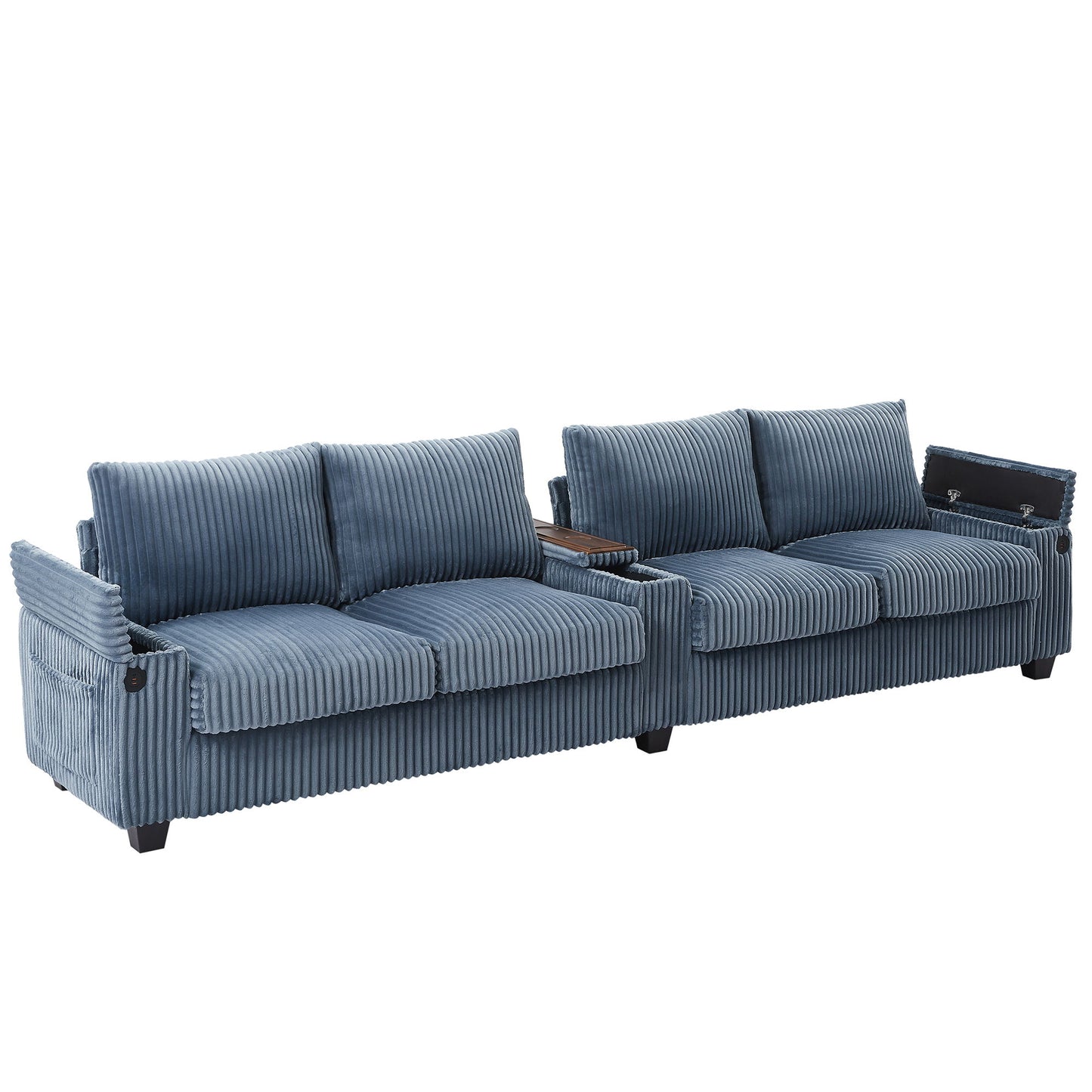 Modern 4 Seater Corduroy Sofa Couch With USB Ports, Hidden Storage, Flip Top Cup Holders - Blue