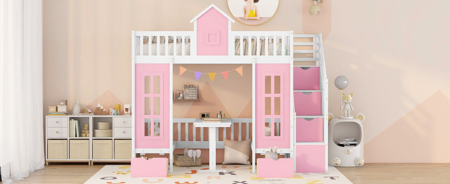 Twin Over Twin Bunk Bed With Changeable Table, Bunk Bed Turn Into Upper Bed And Down Desk - Pink