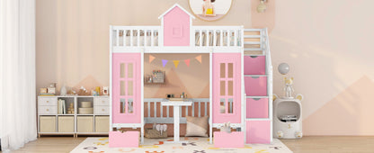 Twin Over Twin Bunk Bed With Changeable Table, Bunk Bed Turn Into Upper Bed And Down Desk - Pink