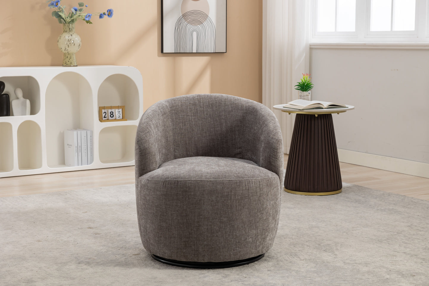 Chenille Fabric Swivel Accent Armchair Barrel Chair With Black Powder Coating Metal Ring - Gray