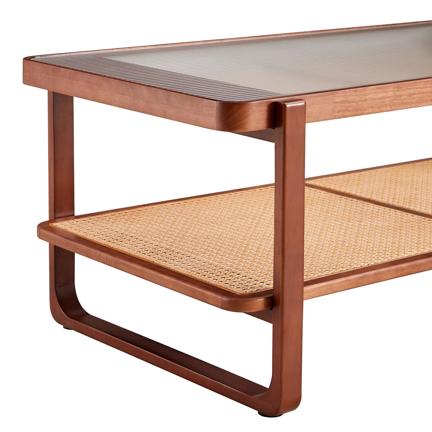 Modern Simple Rectangle Double Layer Solid Wood Glass Desktop Tea Table Rattan Woven Chinese Side Table Small Rectangle Table - Natural Wood