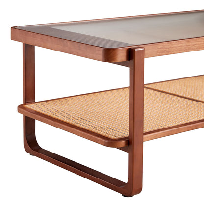 Modern Simple Rectangle Double Layer Solid Wood Glass Desktop Tea Table Rattan Woven Chinese Side Table Small Rectangle Table - Natural Wood