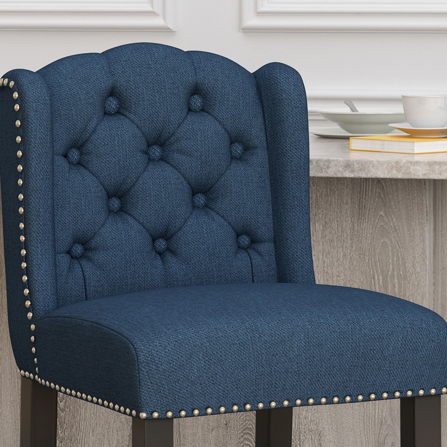 Solara - Fabric Tufted Counter Stool With Nailhead Accents (Set of 2) - Navy Blue
