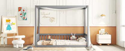 Twin Size Canopy Frame Floor Bed With Fence, Guardrails - Gray