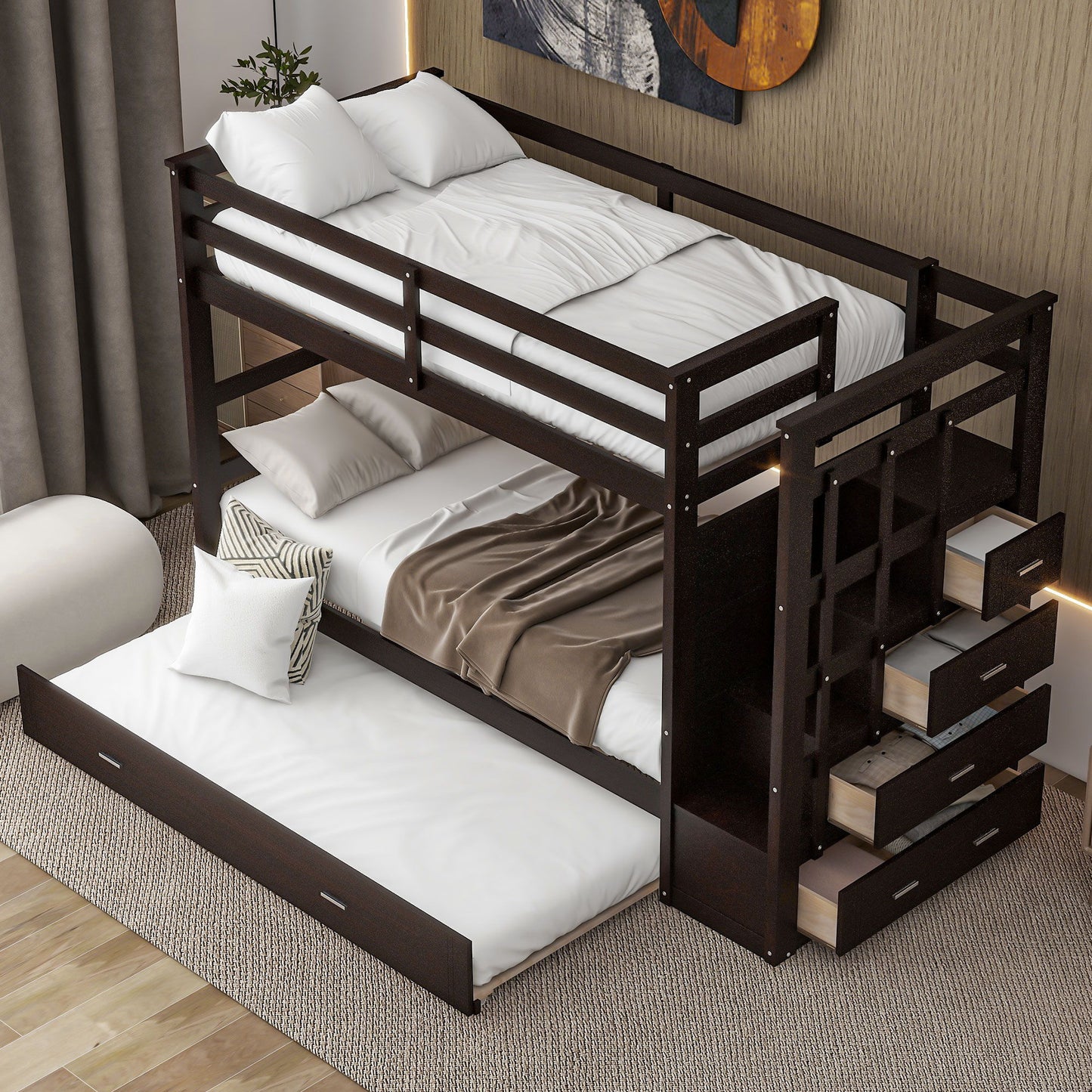 Twin Over Twin Bunk Bed With Trundle And Staircase - Espresso