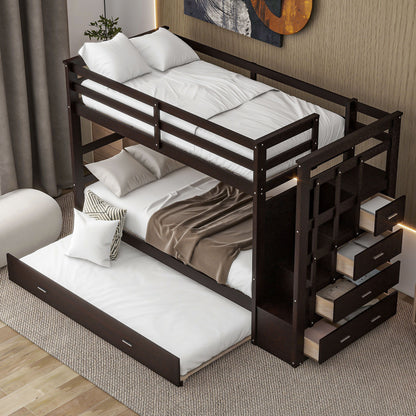 Twin Over Twin Bunk Bed With Trundle And Staircase - Espresso
