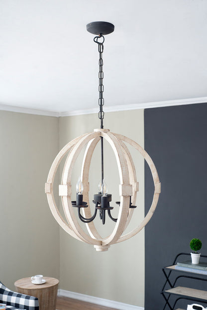 6 Light Wood Chandelier, Hanging Light Fixture With Adjustable Chain For Kitchen, Bulb Not Included - White