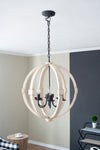 6 Light Wood Chandelier, Hanging Light Fixture With Adjustable Chain For Kitchen, Bulb Not Included - White