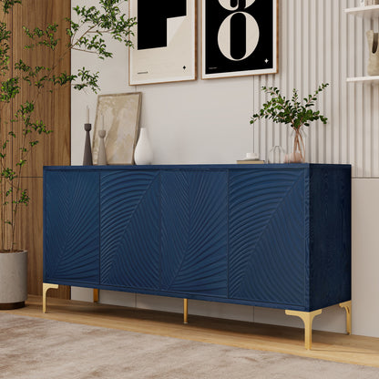 Modern 4 Door Sideboard With Creative Carved Surface And Adjustable Shelves - Light Blue