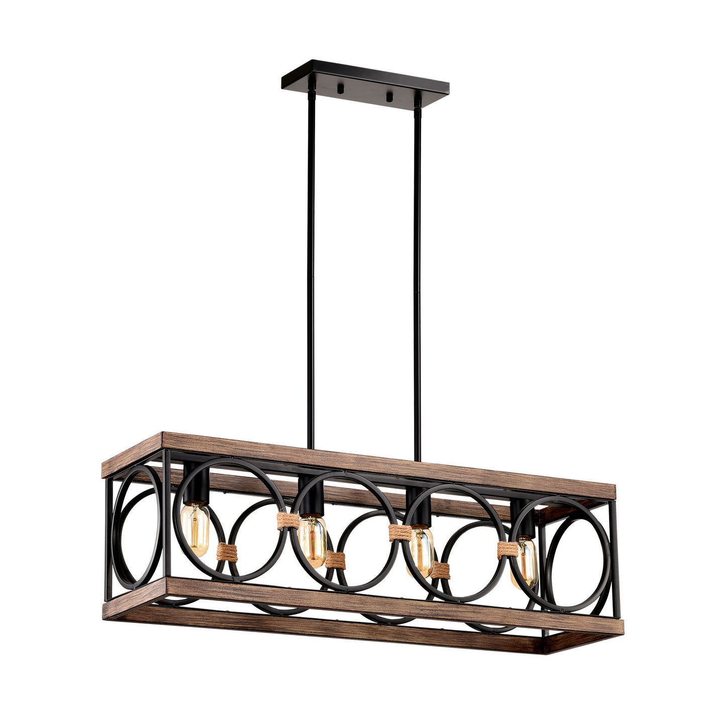 4 Light (Bulb No Included) Farmhouse Rectangle Pendant Light, Wood Texture Vintage Rustic Chandeliers Metal Industrial Hanging Light Fixtures For Kitchen, Entryway, Dining Room - Black / Natural
