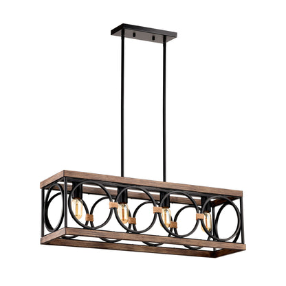 4 Light (Bulb No Included) Farmhouse Rectangle Pendant Light, Wood Texture Vintage Rustic Chandeliers Metal Industrial Hanging Light Fixtures For Kitchen, Entryway, Dining Room - Black / Natural