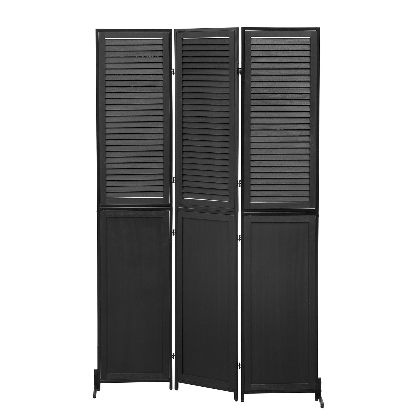 Rustic 3 Panel Room Divider 6Ft Wood Folding Privacy Screen With Metal Frame And Louver Design - Black