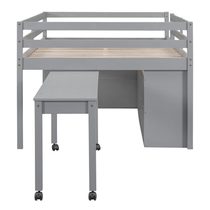 Full Size Loft Bed With Retractable Writing Desk And 4 Drawers, With Lateral Portable Desk And Shelves - Gray