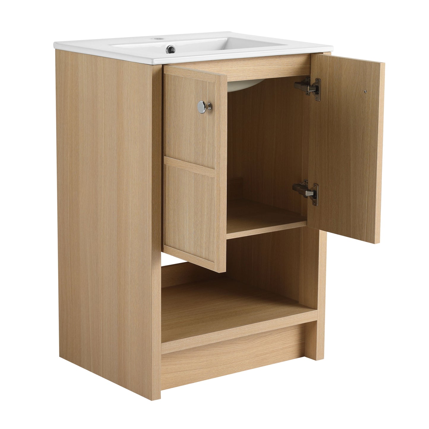 Modern 24" Freestanding Bathroom Vanity With Ceramic Sink And Soft Closing Doors - Oak