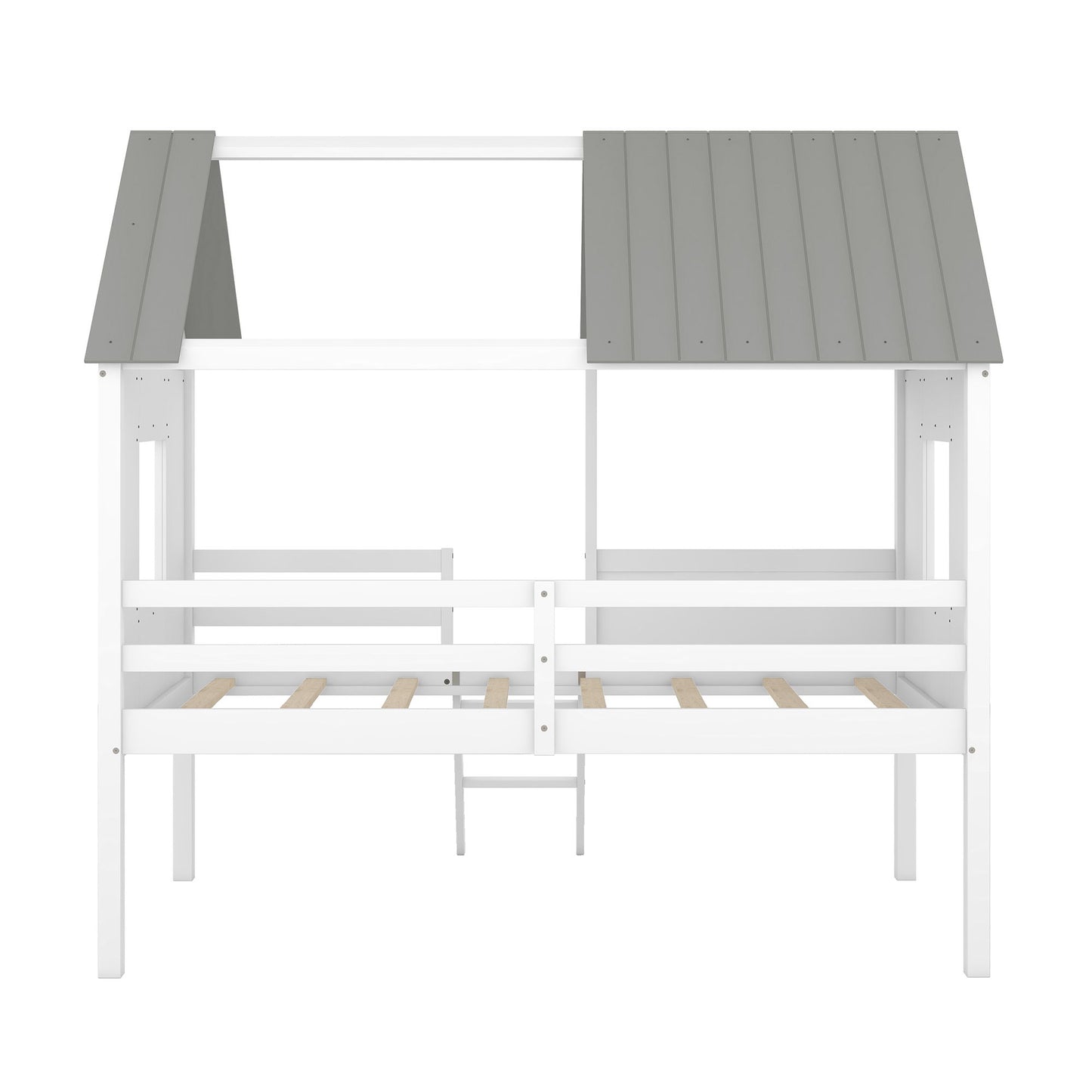 Twin Size Low Loft House Bed With Two Side Windows - White / Gray