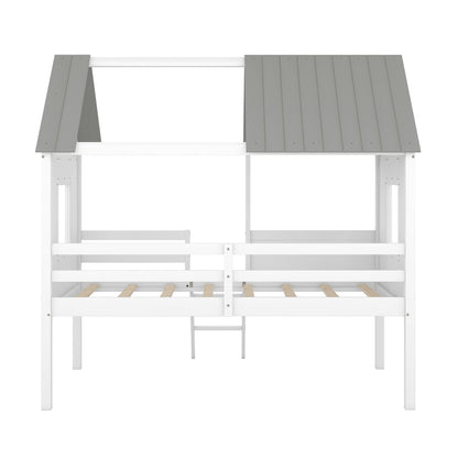 Twin Size Low Loft House Bed With Two Side Windows - White / Gray