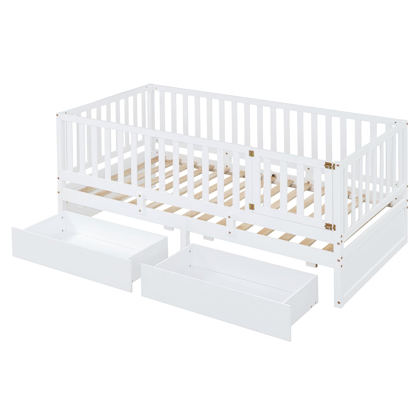 Twin Size Daybed With Fence Guardrails And 2 Drawers, Split Into Independent Floor Bed & Daybed - White