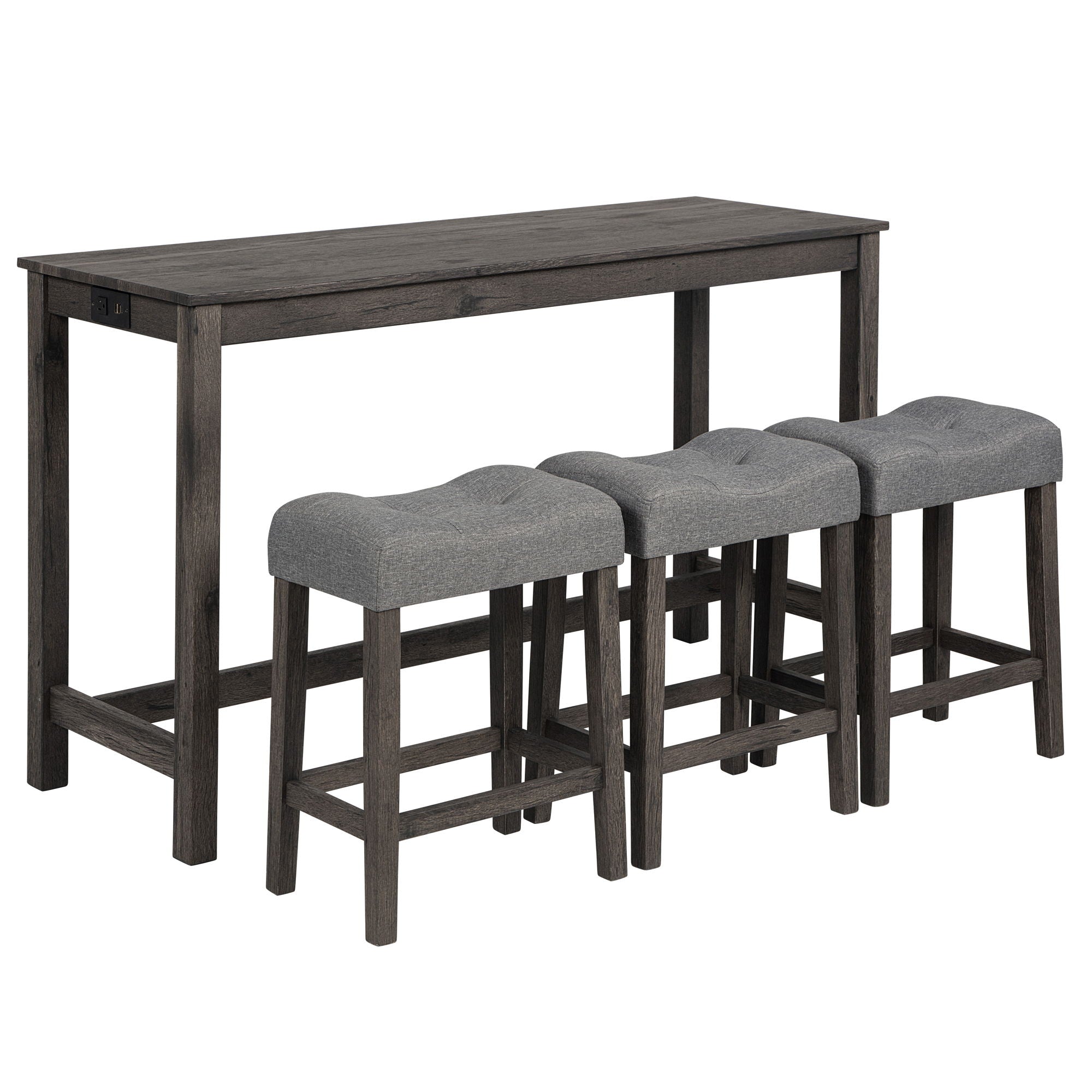 4 Piece Bar Table Set With Power Outlet, Bar Table Set With Chairs, Sofa Bar Table With Stools, Behind Couch Table With 3 Padded Stools, For Living Room, Dining Room - Dark Gray