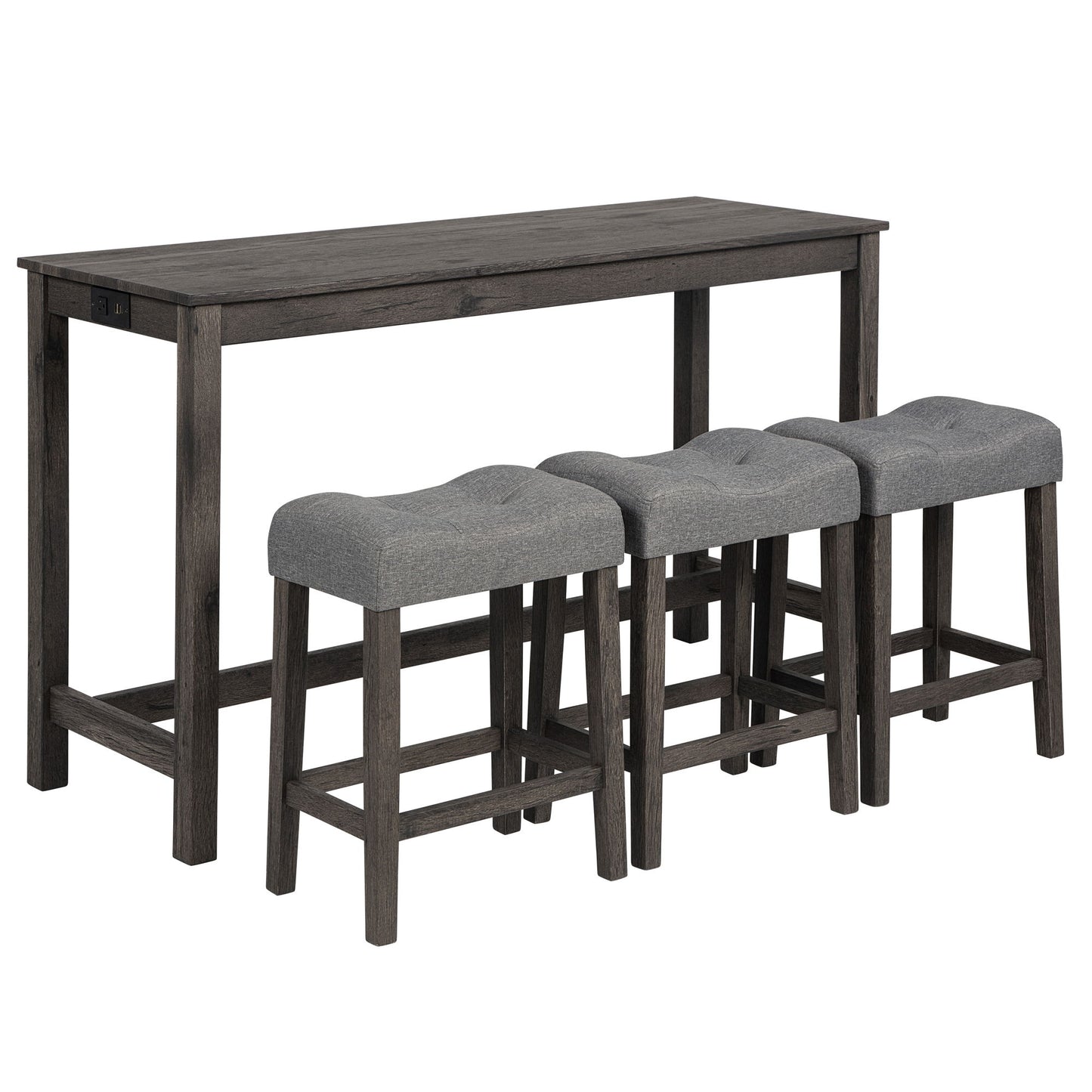 4 Piece Bar Table Set With Power Outlet, Bar Table Set With Chairs, Sofa Bar Table With Stools, Behind Couch Table With 3 Padded Stools, For Living Room, Dining Room - Dark Gray