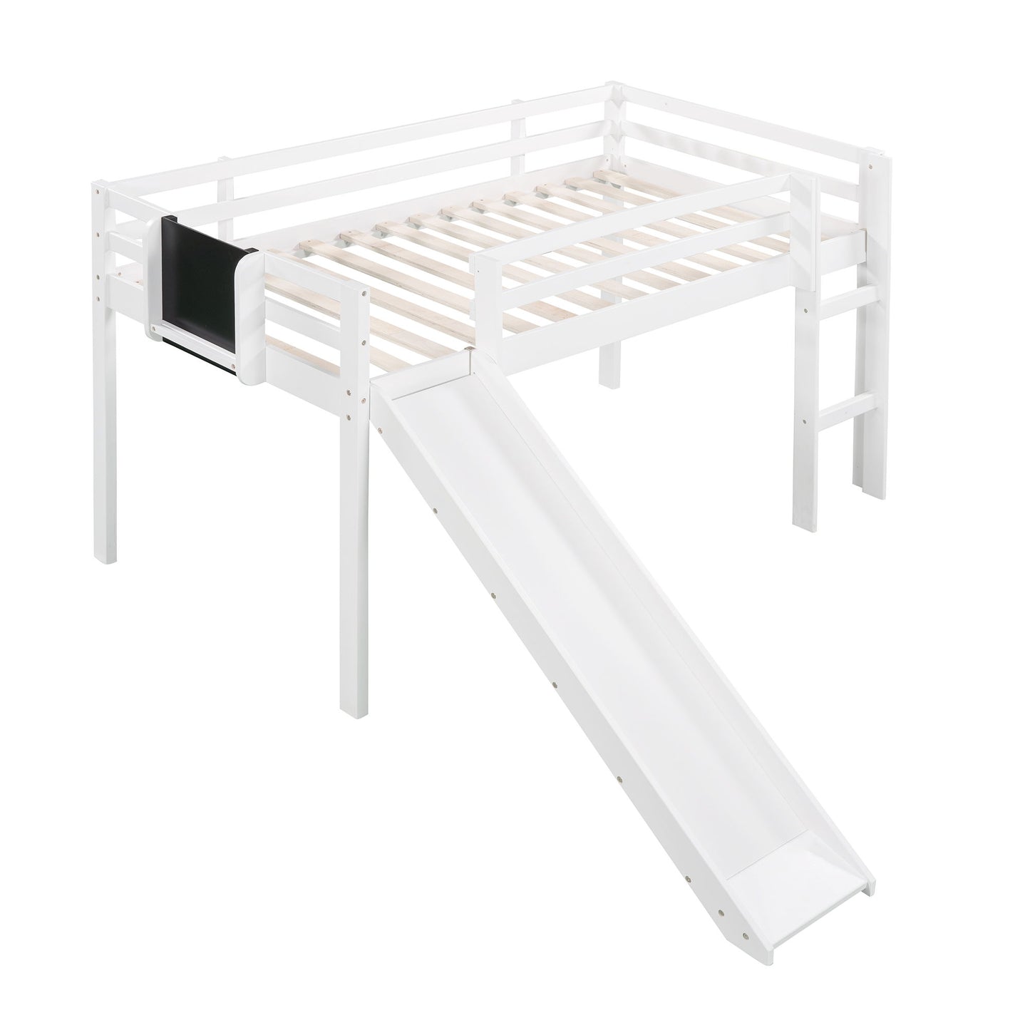 Twin Size Loft Bed With Slide, Stair And Chalkboard - White