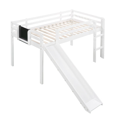 Twin Size Loft Bed With Slide, Stair And Chalkboard - White